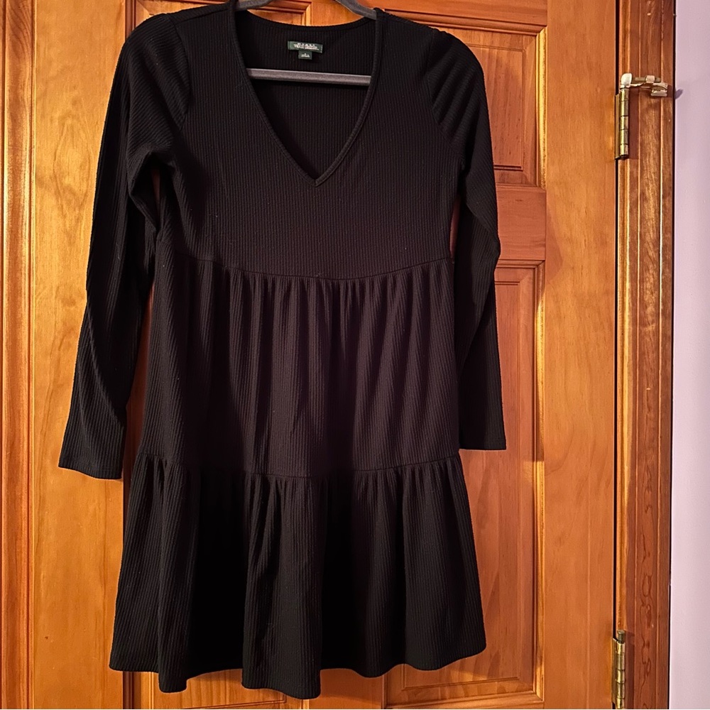 Wild Fable Black V Neck Long Sleeve Ribbed Tiered Dress, Sz S